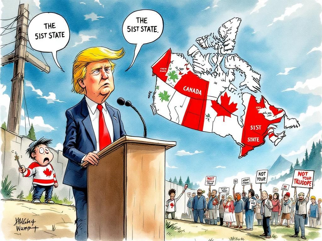 Trumpy-Wumpy declaring Canada the 51st state, Canadians protesting with NOT YOUR STATE signs