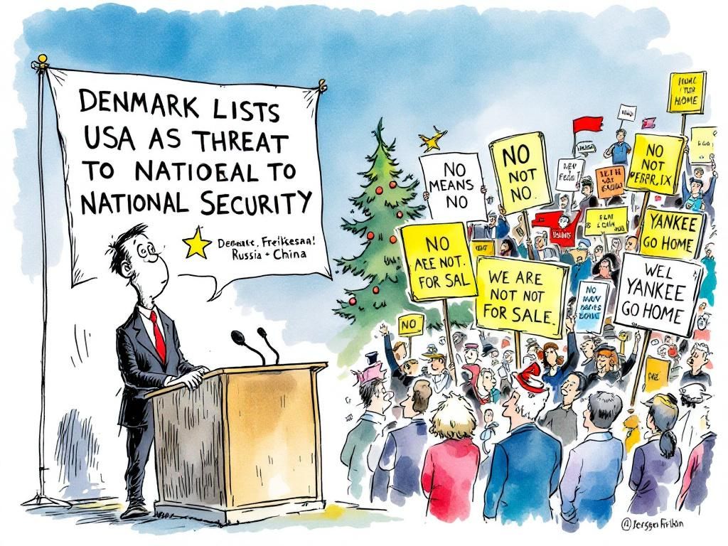 Denmark listing USA as national security threat alongside Russia, Greenlanders protesting with NO MEANS NO signs